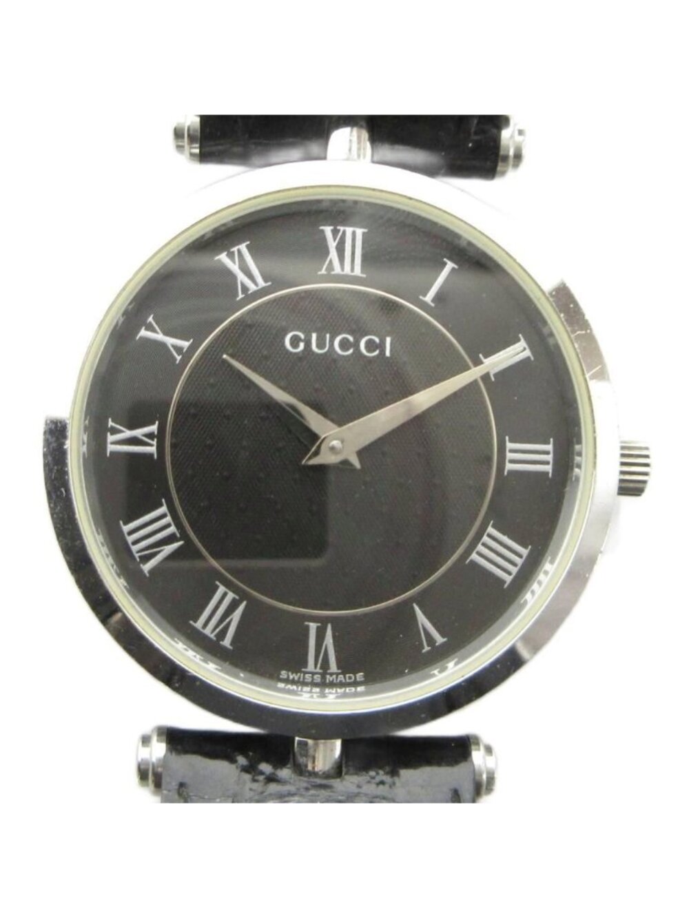Gucci Watch Quartz Roman Black Dial Leather Strap Silver